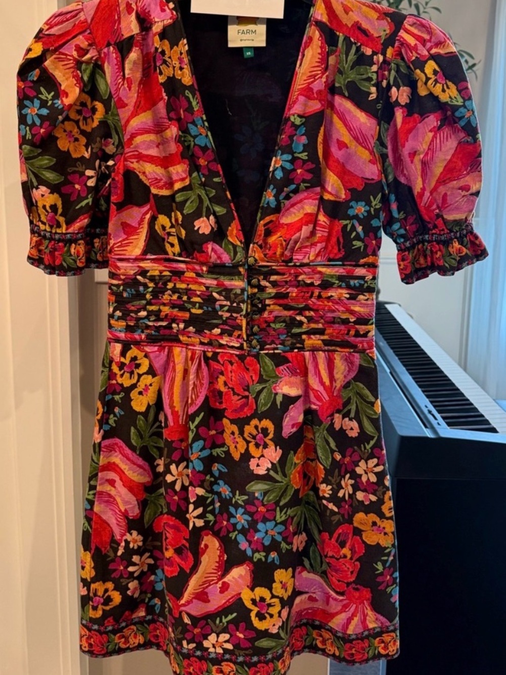 FARM Rio Black Mini Dress with Pink, Red & Yellow Floral Print